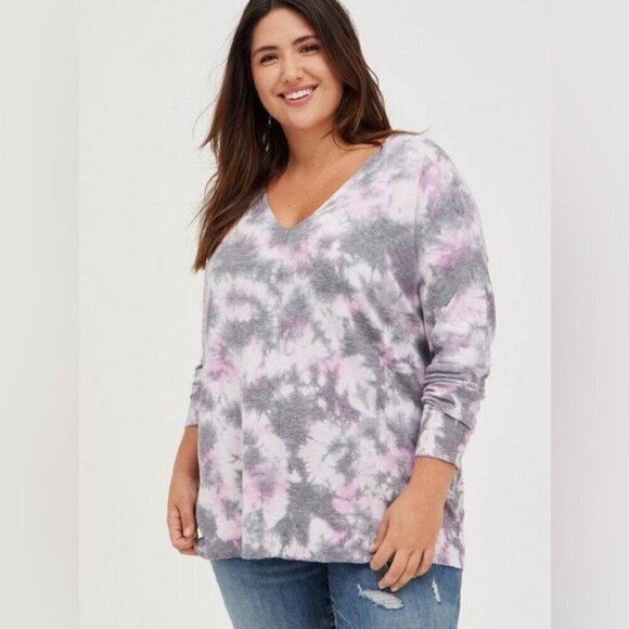 Torrid Pullover Drop Shoulder Sweater tie dye super soft lightweight v-neck 1X - Picture 1 of 10